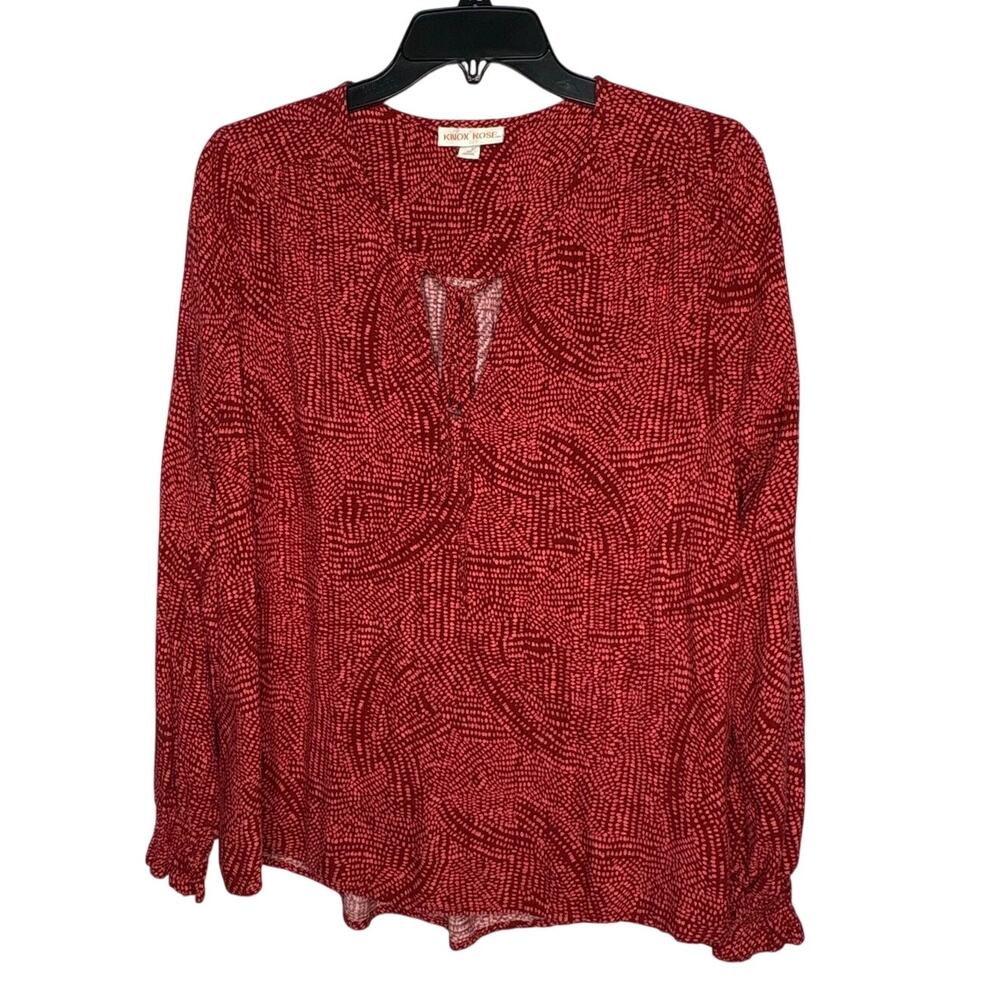Knox Rose Red Geometric Long Sleeve Blouse V Neckline Tie Top Size Medium